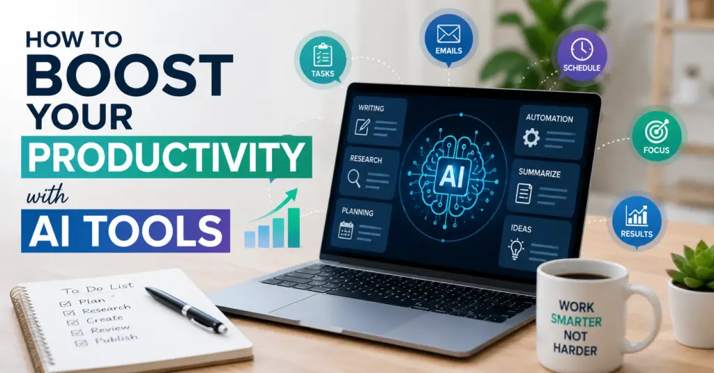How to boost your productivity with AI tools featured image showing AI workflow, task management, and productivity dashboard