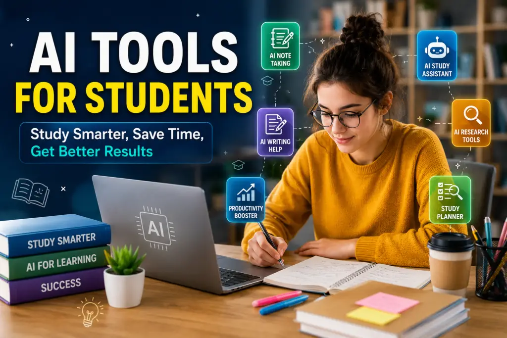 AI tools for students featured image showing study apps, note-taking, writing assistance, and productivity tools for school and university students