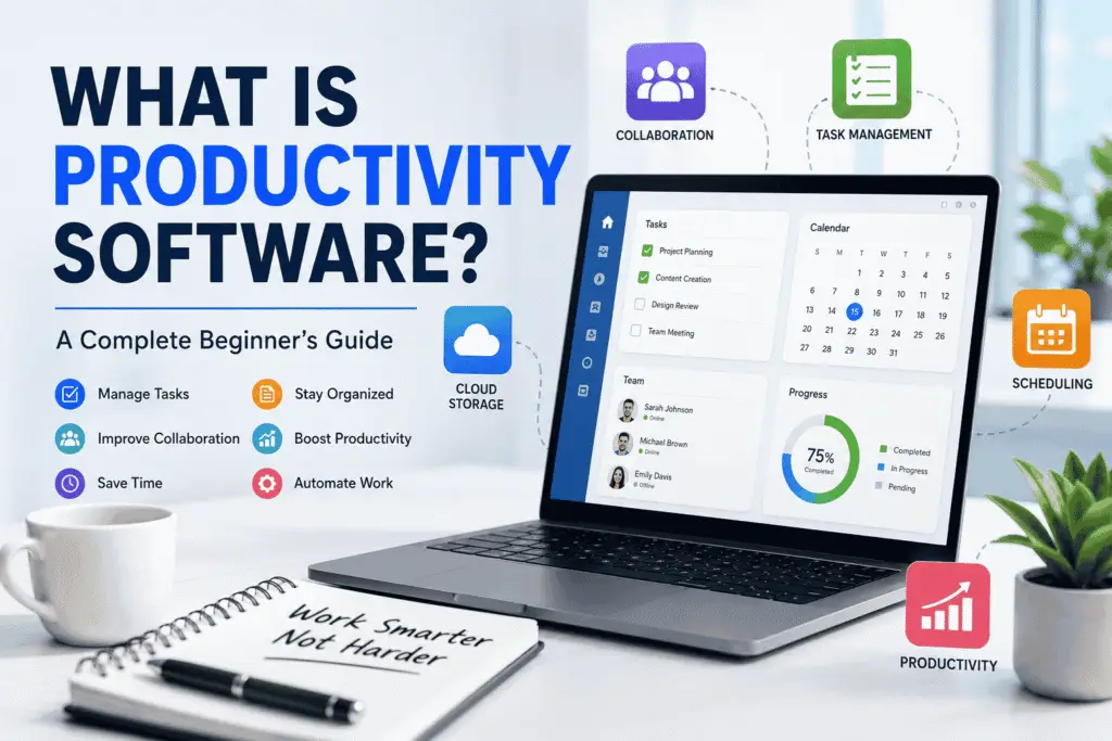 What is productivity software featured image showing a laptop with productivity apps, task management, calendar, collaboration, AI automation, and workflow tools