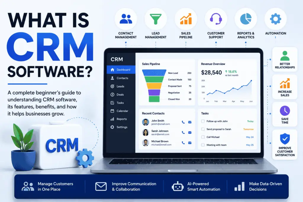 What is CRM software featured image showing customer relationship management dashboard, sales pipeline, customer database, analytics, and business automation