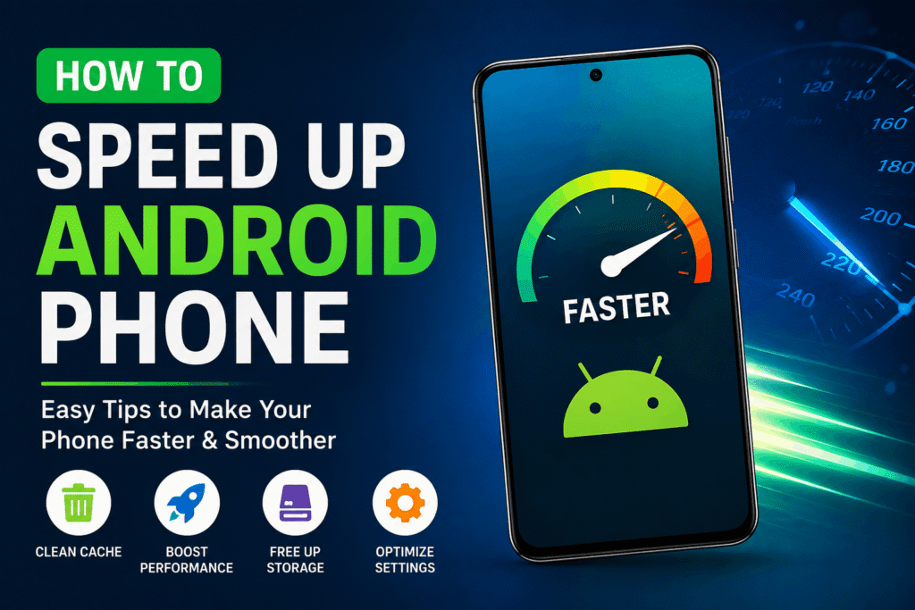 llustration showing how to speed up an Android phone with performance optimization tips, faster speed meter, and smartphone interface.