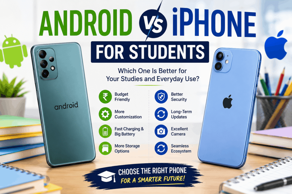 Comparison of Android and iPhone smartphones for students, highlighting differences in price, performance, battery life, software updates, and study features.