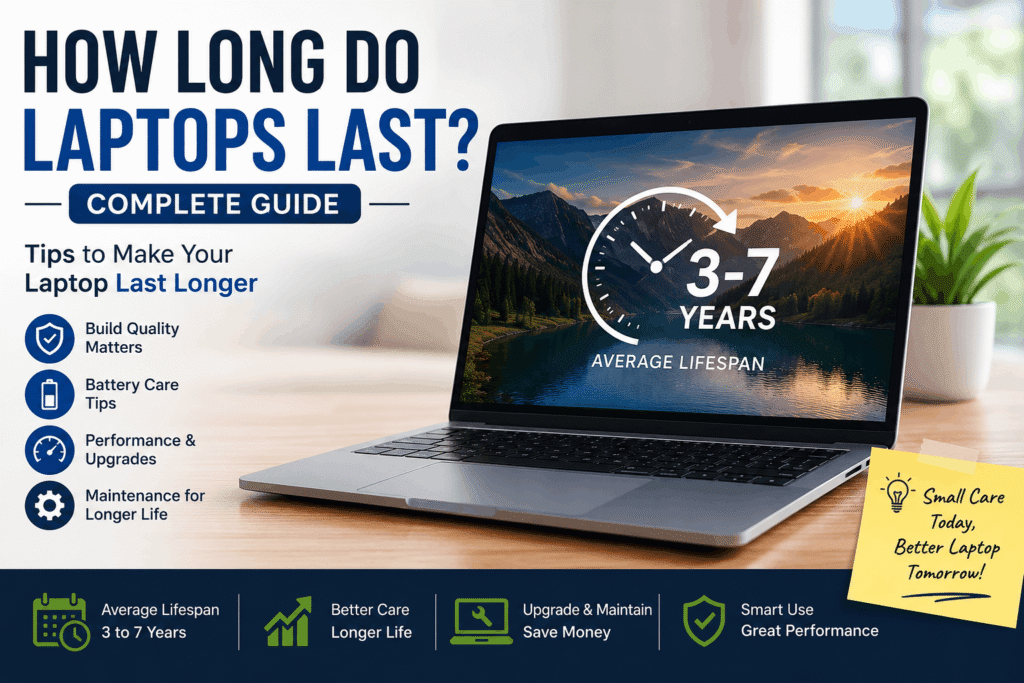 Modern laptop displaying the average laptop lifespan with maintenance tips, battery care, performance upgrades, and ways to make a laptop last longer.