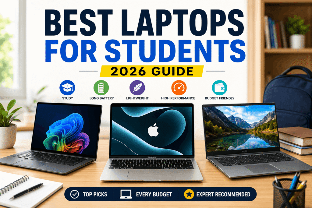 Best laptops for students including Windows and MacBook models on a study desk