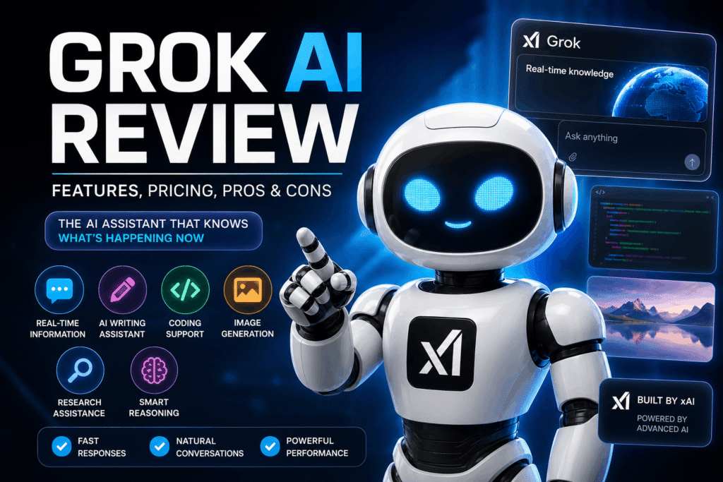 Grok AI Review featured image showing AI chatbot, real-time information, coding support, AI writing, image generation, and smart reasoning features.