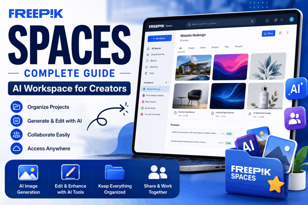 Freepik Spaces dashboard showing AI-powered creative workspace for organizing projects, generating images, editing designs, and collaborating on creative content.