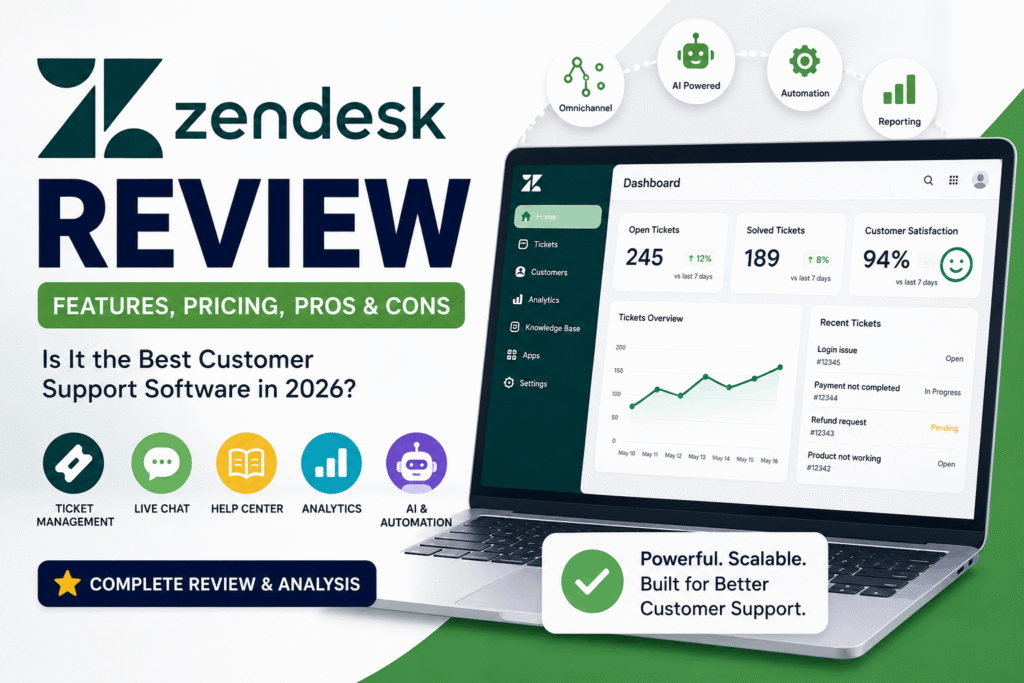 Zendesk Review 2026 featured image showing customer support software dashboard with AI automation, ticket management, live chat, analytics, and pricing highlights.