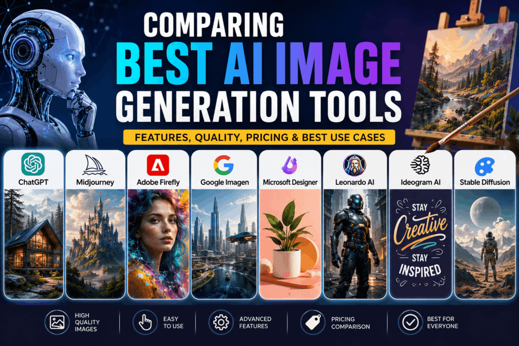 omparing the best AI image generation tools including ChatGPT, Midjourney, Adobe Firefly, Google Imagen, Leonardo AI, Ideogram AI, Microsoft Designer, and Stable Diffusion.