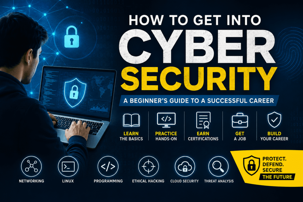 How to get into cyber security beginner guide showing a person learning cyber security with laptop, digital shield, and career roadmap