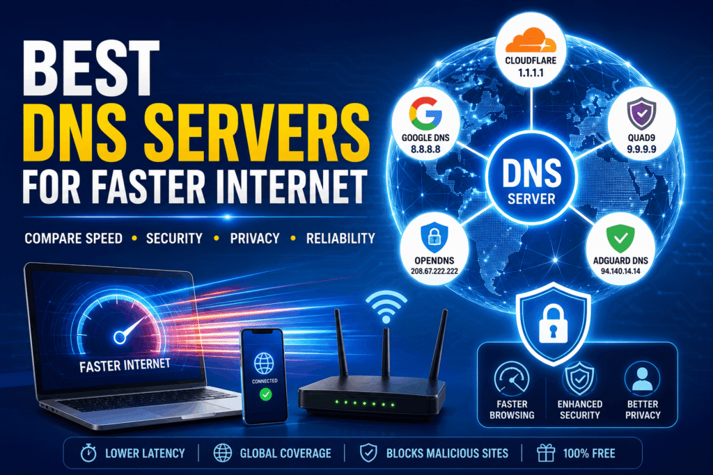 Best DNS servers for faster internet comparison showing Cloudflare, Google DNS, Quad9, OpenDNS, and AdGuard for improved speed, security, and privacy.