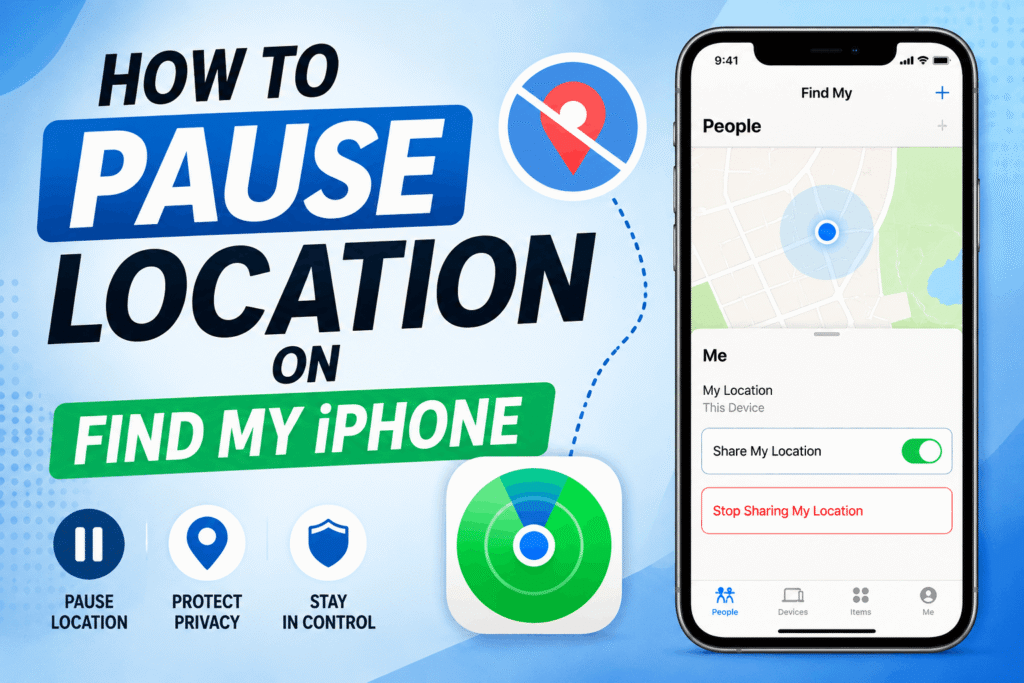 iPhone displaying the Find My app with location sharing settings and Stop Sharing My Location option for pausing location on Find My iPhone.