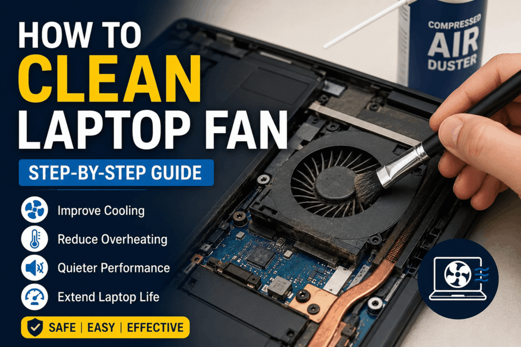 How to clean a laptop fan using a soft brush and compressed air to remove dust and improve cooling performance.