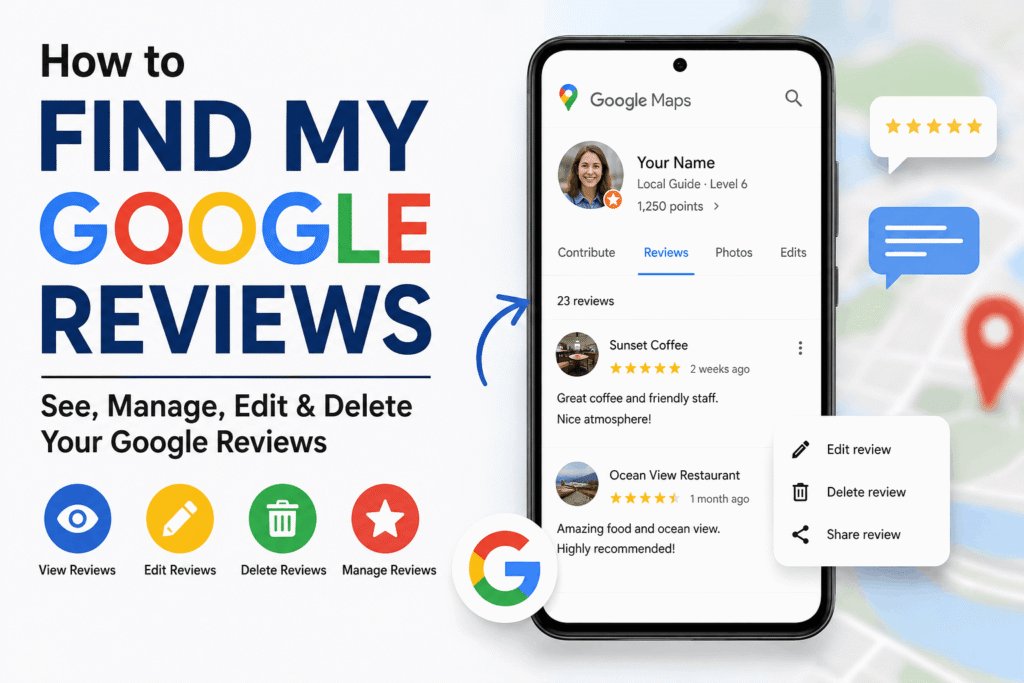 Find My Google Reviews guide showing how to view, edit, manage, and delete Google reviews using Google Maps.