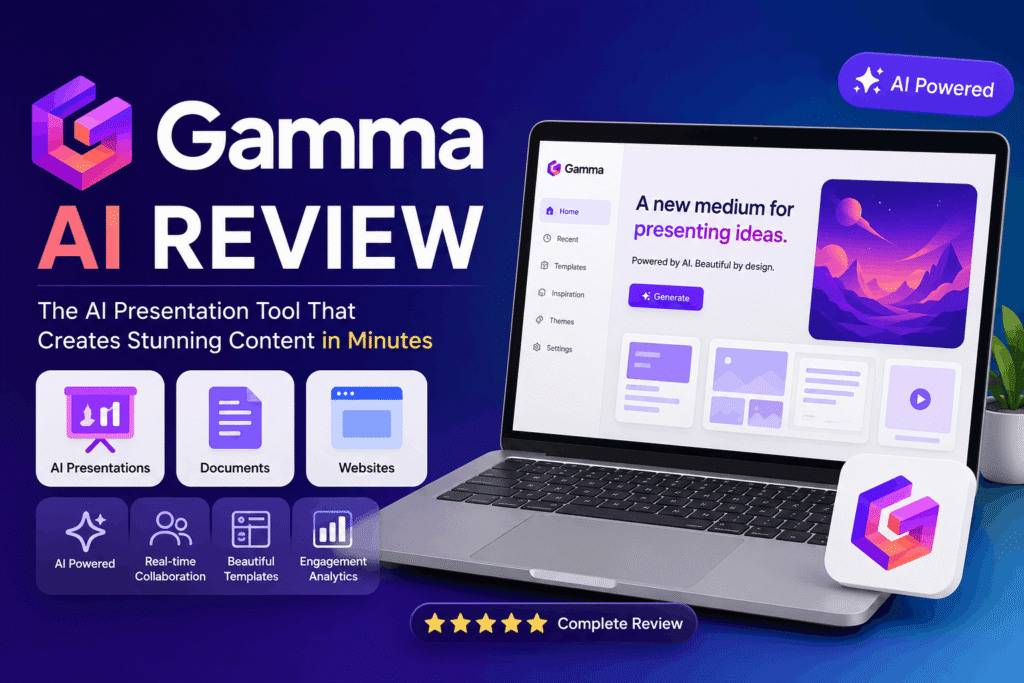 Gamma AI review featured image showing the AI presentation tool interface with highlights of its features, pricing, collaboration, templates, and AI-powered presentation creation.