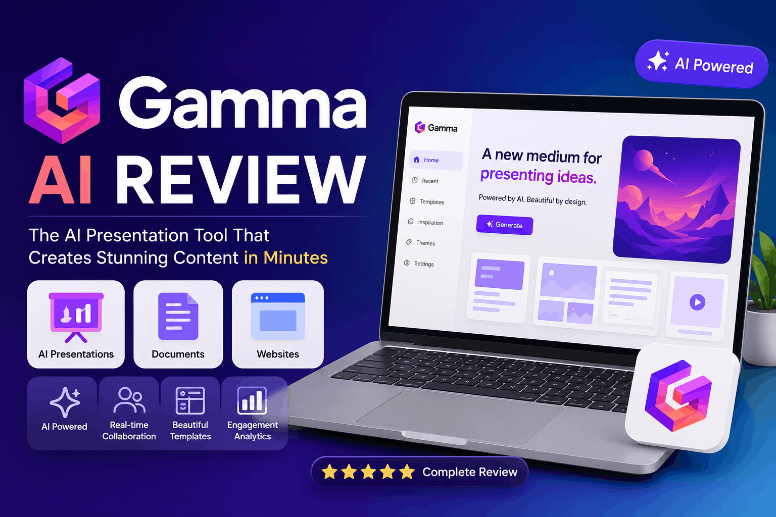 Gamma AI review featured image showing the AI presentation tool interface with highlights of its features, pricing, collaboration, templates, and AI-powered presentation creation.