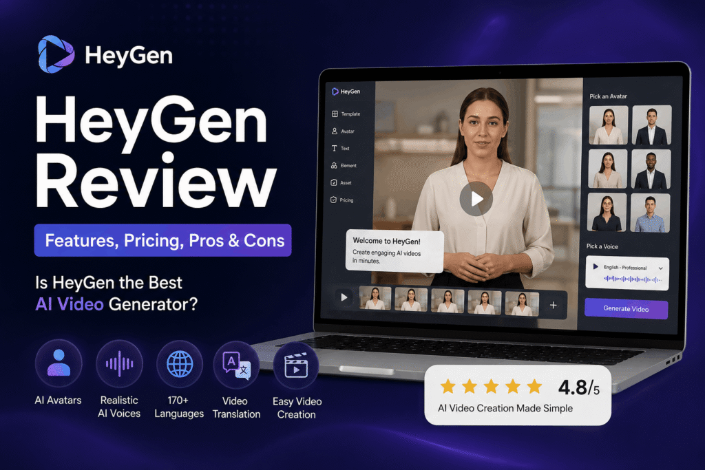 Laptop displaying the HeyGen AI video generator interface with an AI avatar, highlighting features, pricing, voice cloning, multilingual support, and overall review.