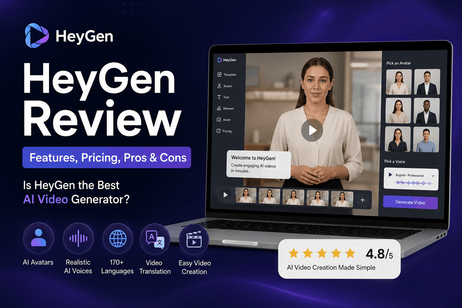 Laptop displaying the HeyGen AI video generator interface with an AI avatar, highlighting features, pricing, voice cloning, multilingual support, and overall review.