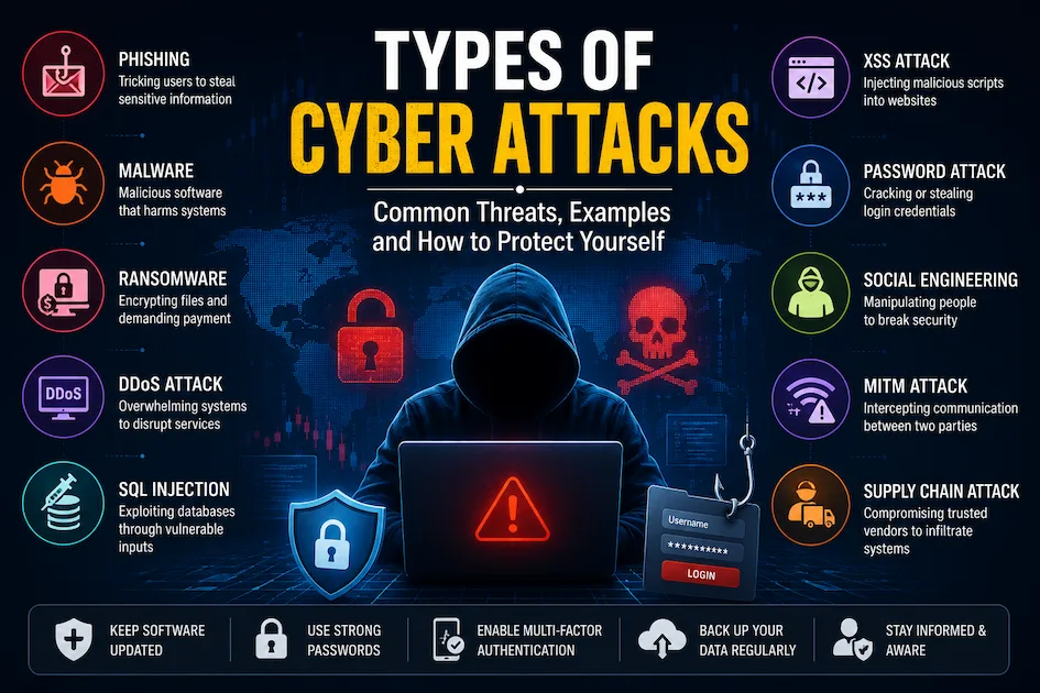 Types of cyber attacks infographic showing phishing, malware, ransomware, DDoS, SQL injection, XSS, password attacks, and cybersecurity protection tips.
