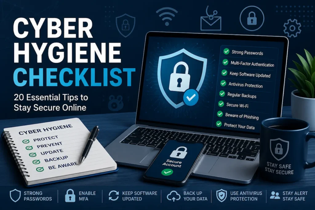 Cyber hygiene checklist illustration showing a secure laptop, smartphone, shield icon, and cybersecurity best practices including strong passwords, multi-factor authentication, software updates, antivirus protection, backups, and phishing awareness.