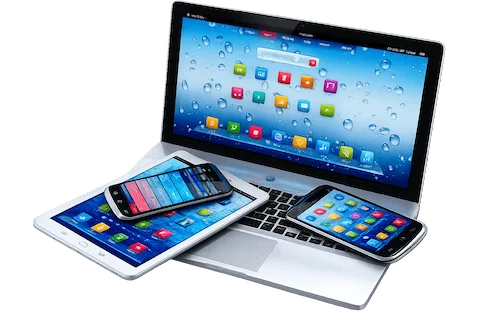 Modern AI technology devices including a laptop, smartphone, and tablet representing artificial intelligence, software, mobile technology, and digital innovation.