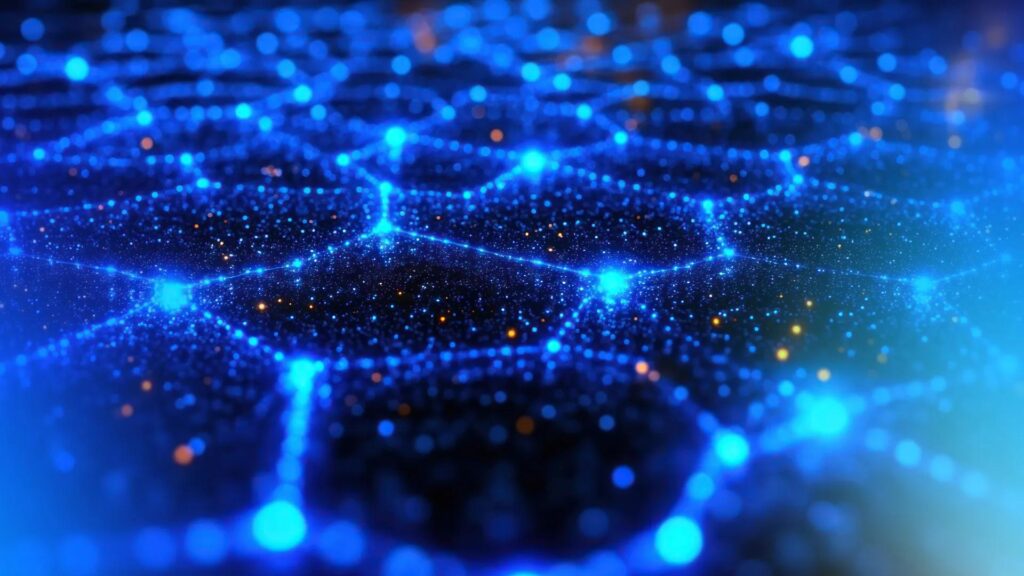 Abstract digital AI network with glowing blue particles and connected technology lines