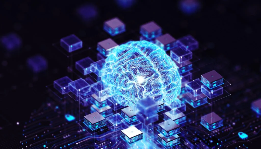 3D artificial intelligence brain with glowing neural network connections on a futuristic dark background