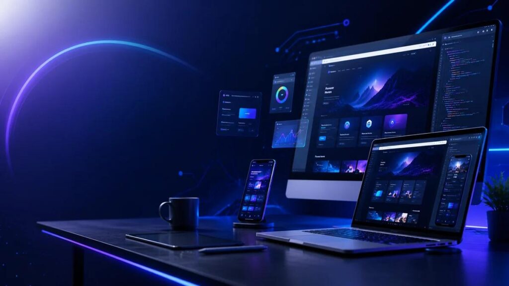 Modern laptop and smartphone workspace with blue lighting representing software reviews and technology guides