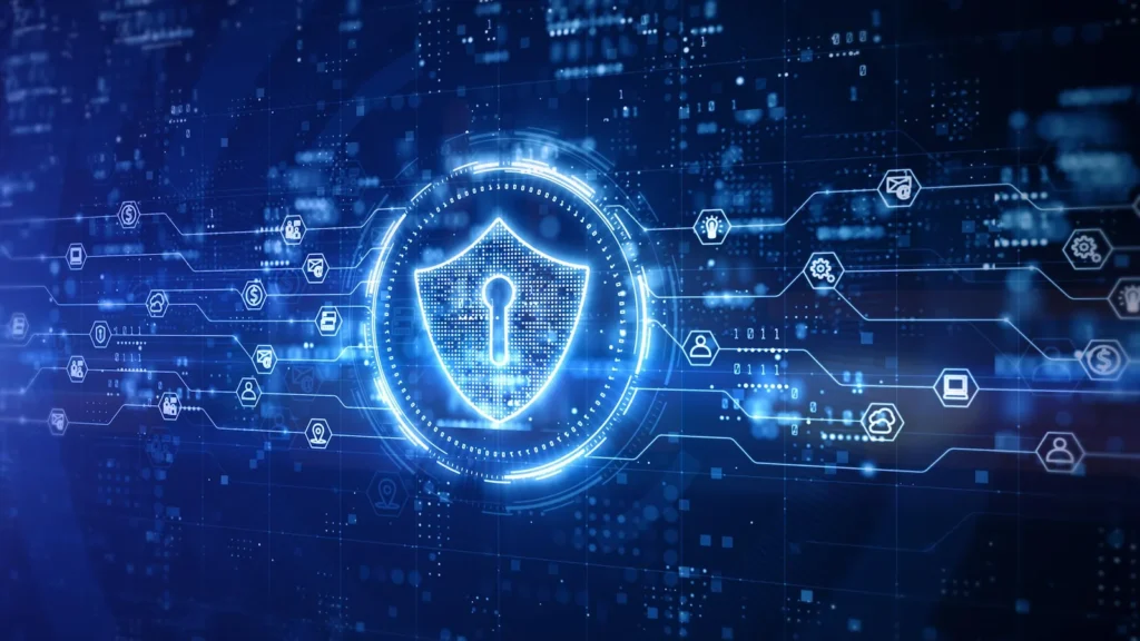 Digital cybersecurity shield with glowing blue network connections representing online security and data protection