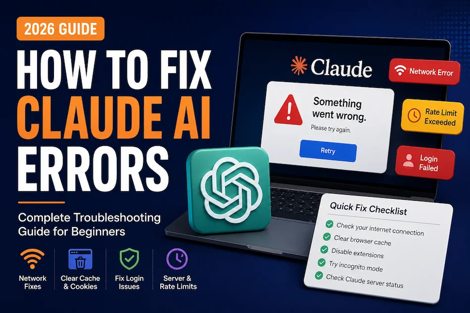 Illustration showing how to fix Claude AI errors with solutions for network errors, login issues, rate limit exceeded, browser cache problems, and server troubleshooting.