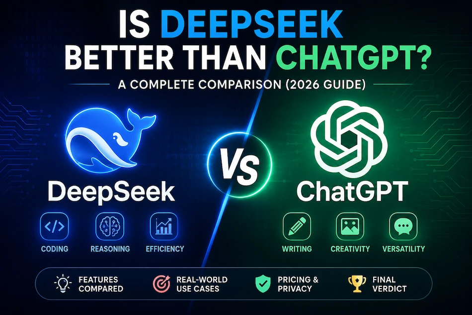 Comparison between DeepSeek and ChatGPT showing coding, writing, reasoning, pricing, privacy, and overall AI features in 2026.