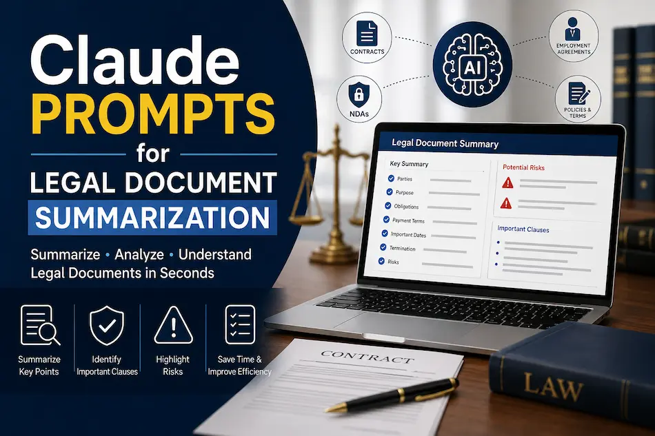Claude prompts for legal document summarization shown with an AI-powered legal document dashboard displaying contract summaries, risk analysis, and key legal clauses.