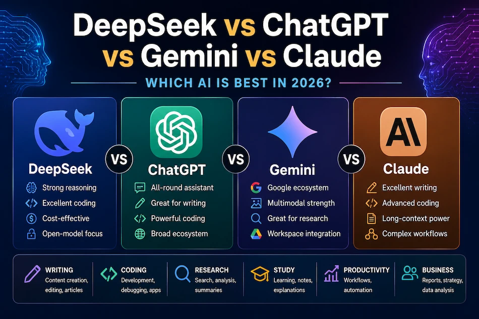 DeepSeek vs ChatGPT vs Gemini vs Claude comparison showing the best AI tools in 2026