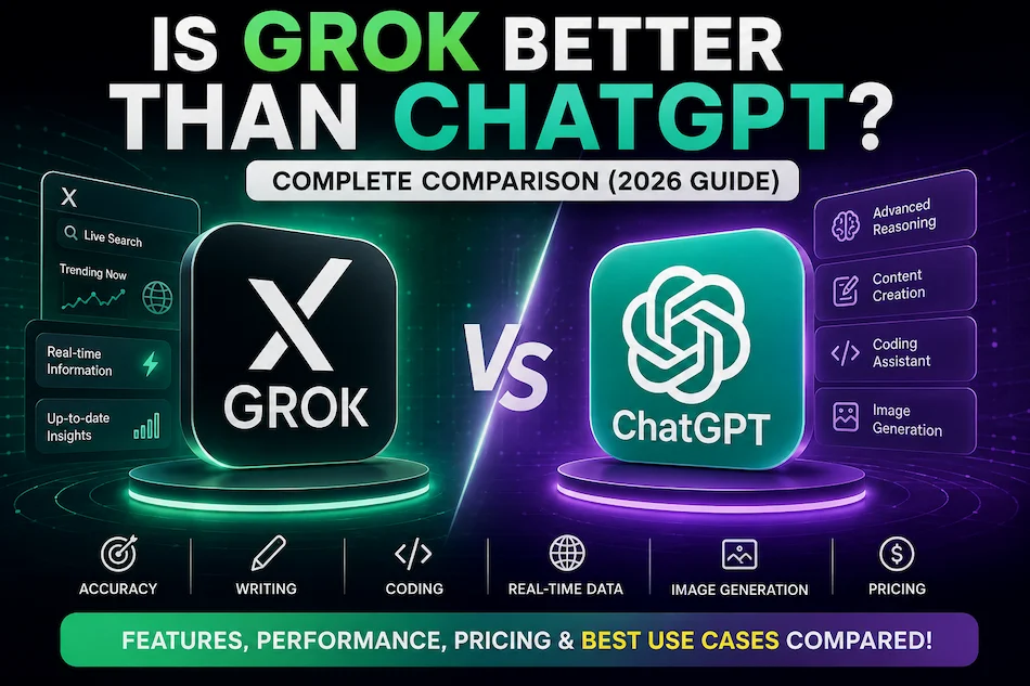Split-screen comparison of Grok and ChatGPT showing features, coding, writing, real-time information, image generation, and performance in a 2026 AI comparison.