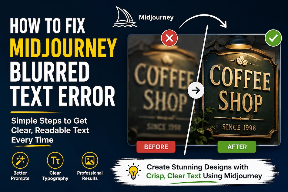 How to fix Midjourney blurred text error showing a blurry AI-generated sign transformed into clear readable text with before and after comparison.