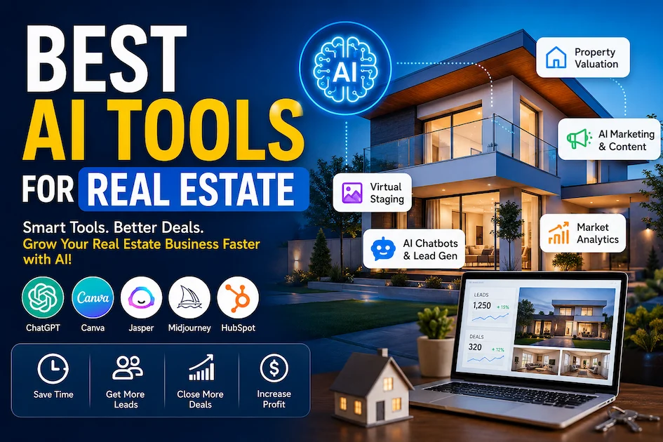 Best AI tools for real estate showing AI software for property marketing, virtual staging, lead generation, CRM, and real estate agents