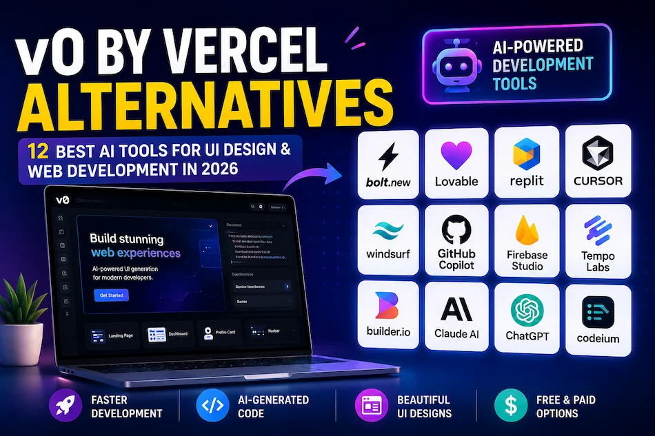 Illustration showing the best v0 by Vercel alternatives in 2026, including AI-powered UI builders and web app development tools such as Bolt.new, Lovable, Replit, Cursor, Windsurf, GitHub Copilot, Firebase Studio, Builder.io, Claude AI, ChatGPT, and Codeium.