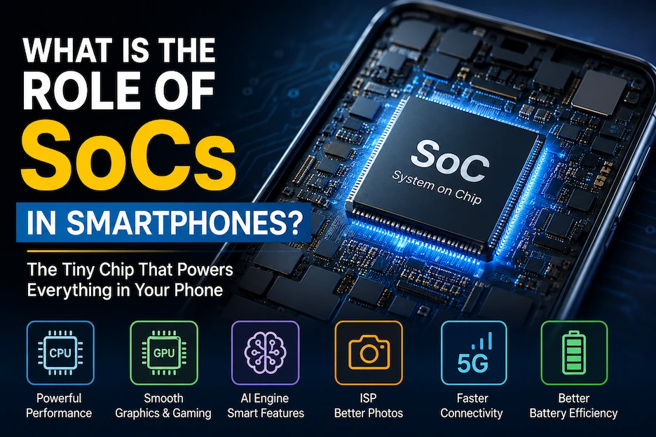 Smartphone SoC chip showing CPU, GPU, AI, camera processing, 5G, and battery functions