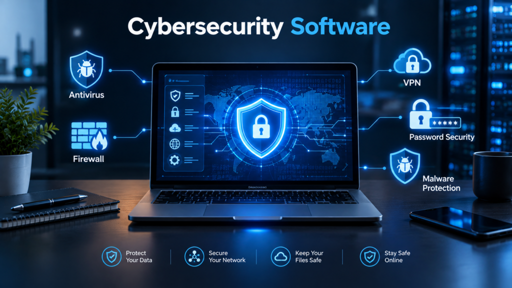 Cybersecurity software protecting a computer from online threats