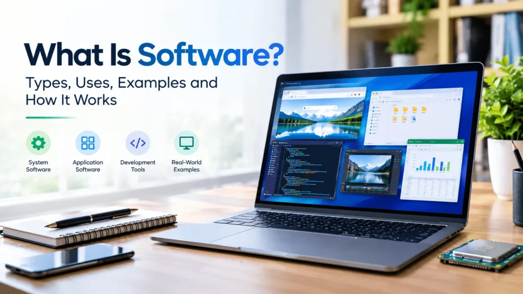Modern computer displaying software applications