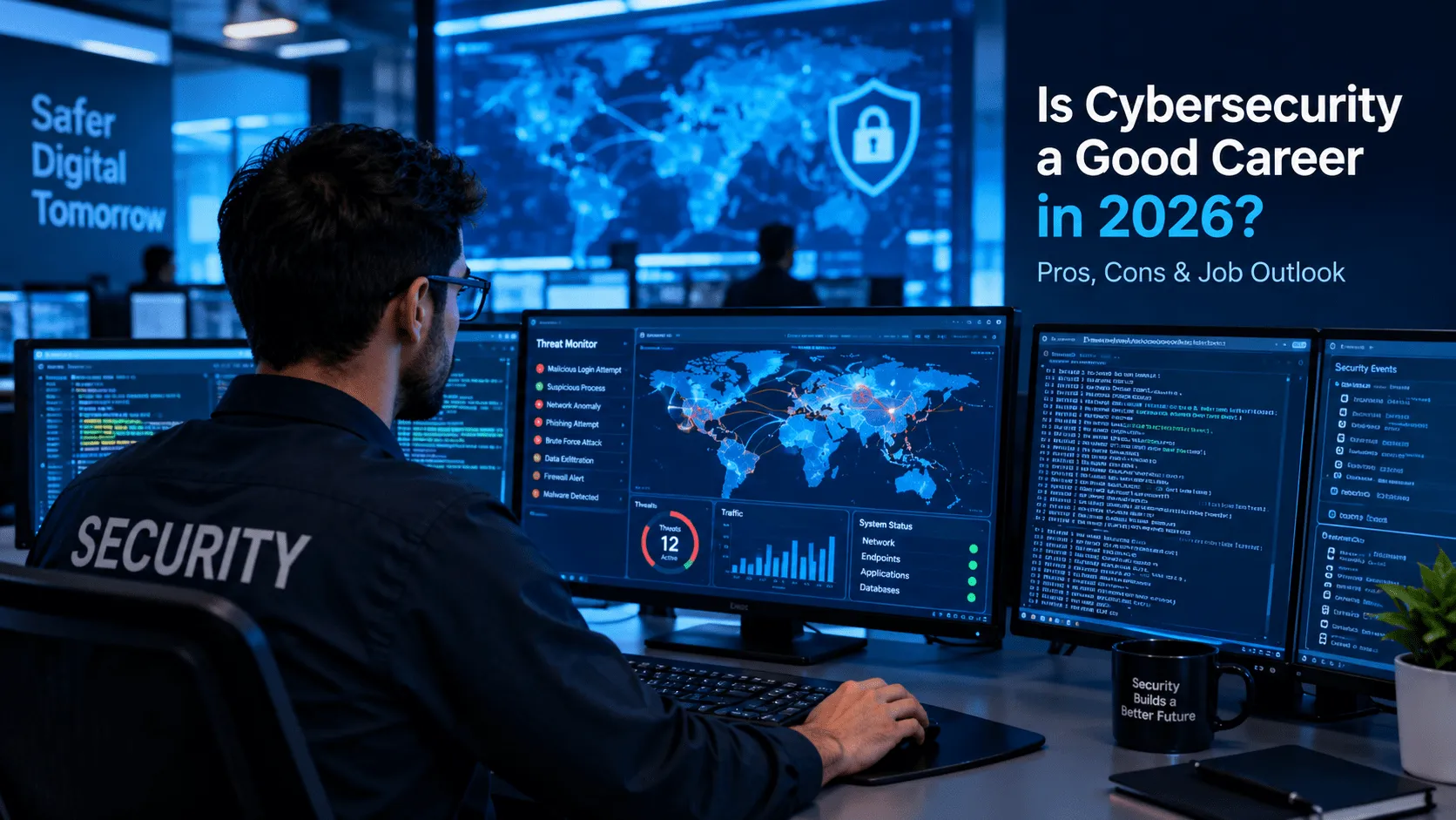 Cybersecurity analyst monitoring security systems in a digital operations center