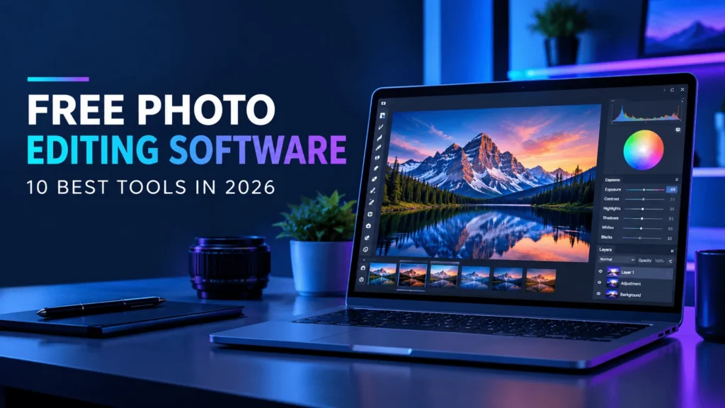 Laptop displaying a photo editing interface with a colorful landscape image