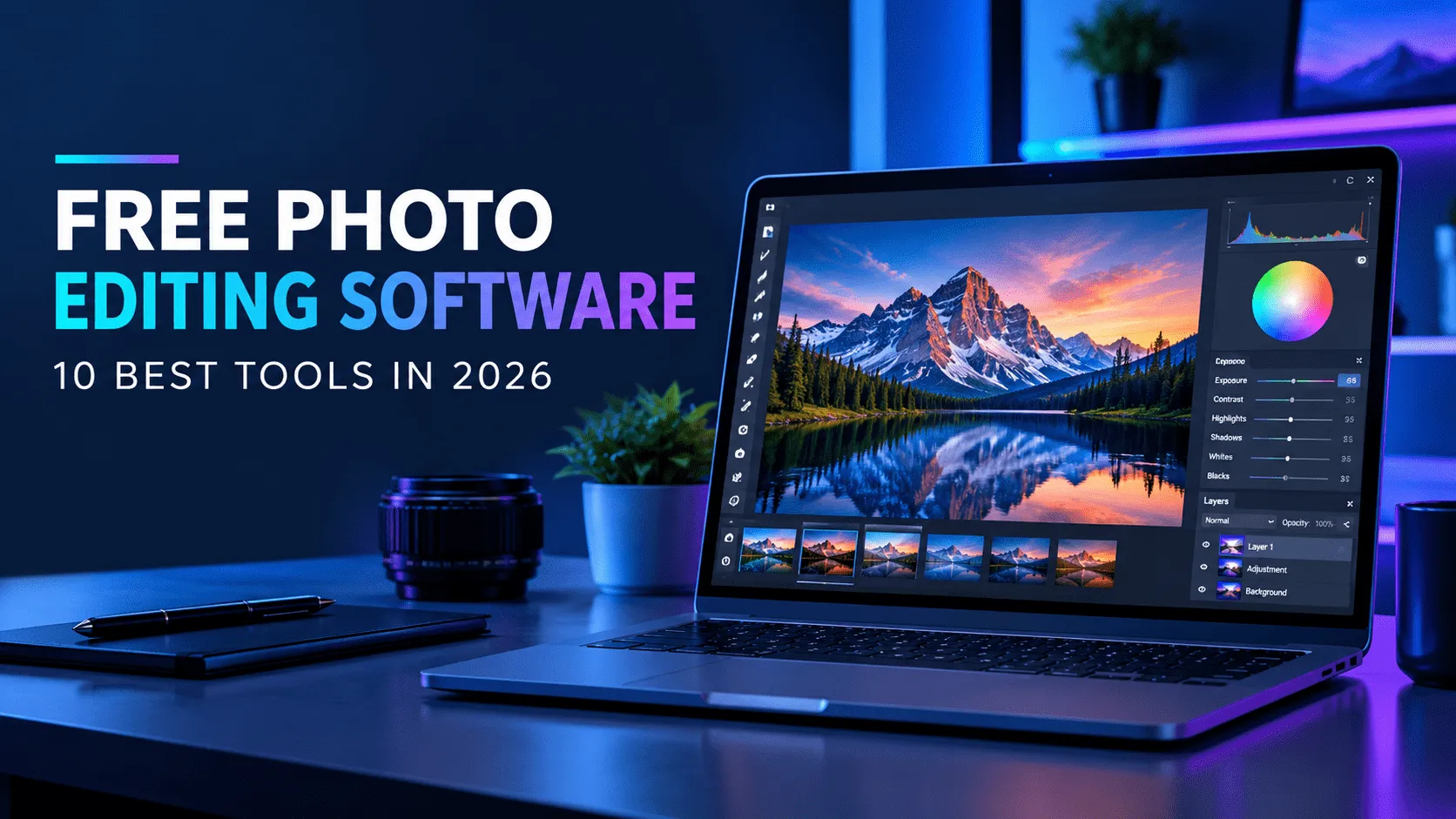Laptop displaying a photo editing interface with a colorful landscape image